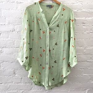 Figueroa & Flower Womens Embroidered Floral Tunic Top Button Up Boho Cottage L